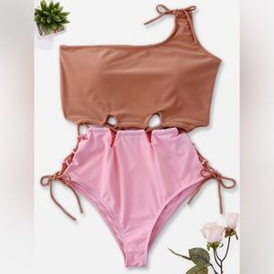 Apricot sleeveless lace-up one piece swimsuit